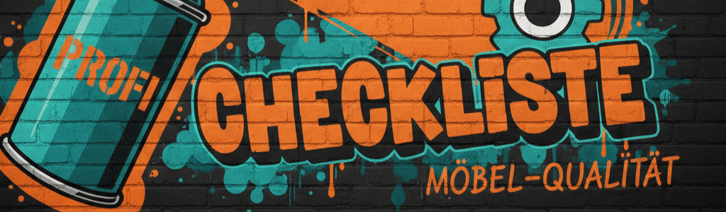 Graffiti-Illustration einer Sprühdose mit dem Text "Profi Checkliste Möbel-Qualität" in den Farben Orange (#f62a00) und Petrol (#1e656d) auf einer dunklen Ziegelwand.