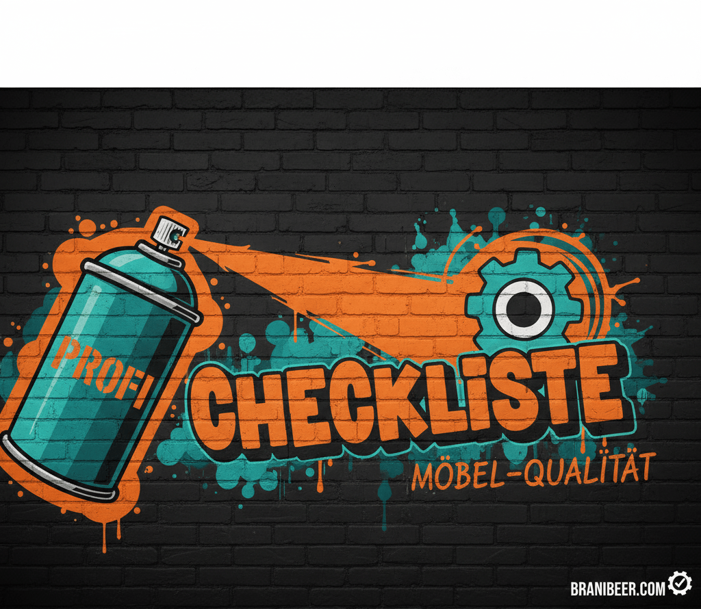 Graffiti-Illustration einer Sprühdose mit dem Text "Profi Checkliste Möbel-Qualität" in den Farben Orange (#f62a00) und Petrol (#1e656d) auf einer dunklen Ziegelwand.