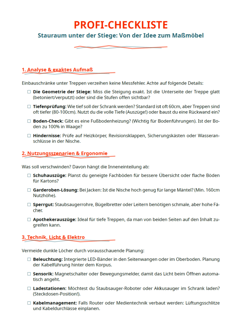 Erste Seite der Profi-Checkliste von Brani Beer zur Planung von Stauraum unter der Stiege im modernen Graffiti-Design mit roten und teal-farbenen Elementen.