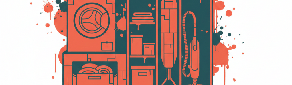 Graffiti-Illustration eines ergonomischen Hauswirtschaftsraums mit hochgestellter Waschmaschine und organisiertem Stauraum für Bügelbrett und Staubsauger.