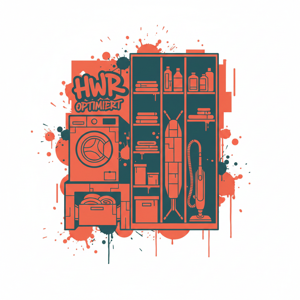 Graffiti-Illustration eines ergonomischen Hauswirtschaftsraums mit hochgestellter Waschmaschine und organisiertem Stauraum für Bügelbrett und Staubsauger.