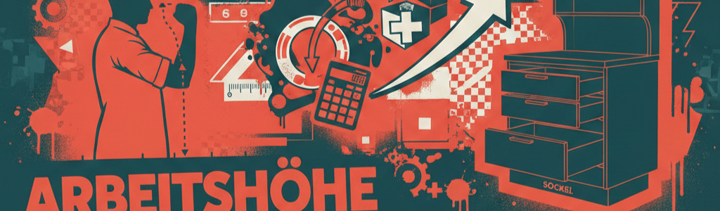 Modernes Graffiti-Banner in Rot (#f62a00) und Teal (#1e656d) zur ergonomischen Küchenplanung: Darstellung der Ellenbogen-Messmethode und eines Unterschranks mit minimiertem Sockel für maximalen Stauraum.