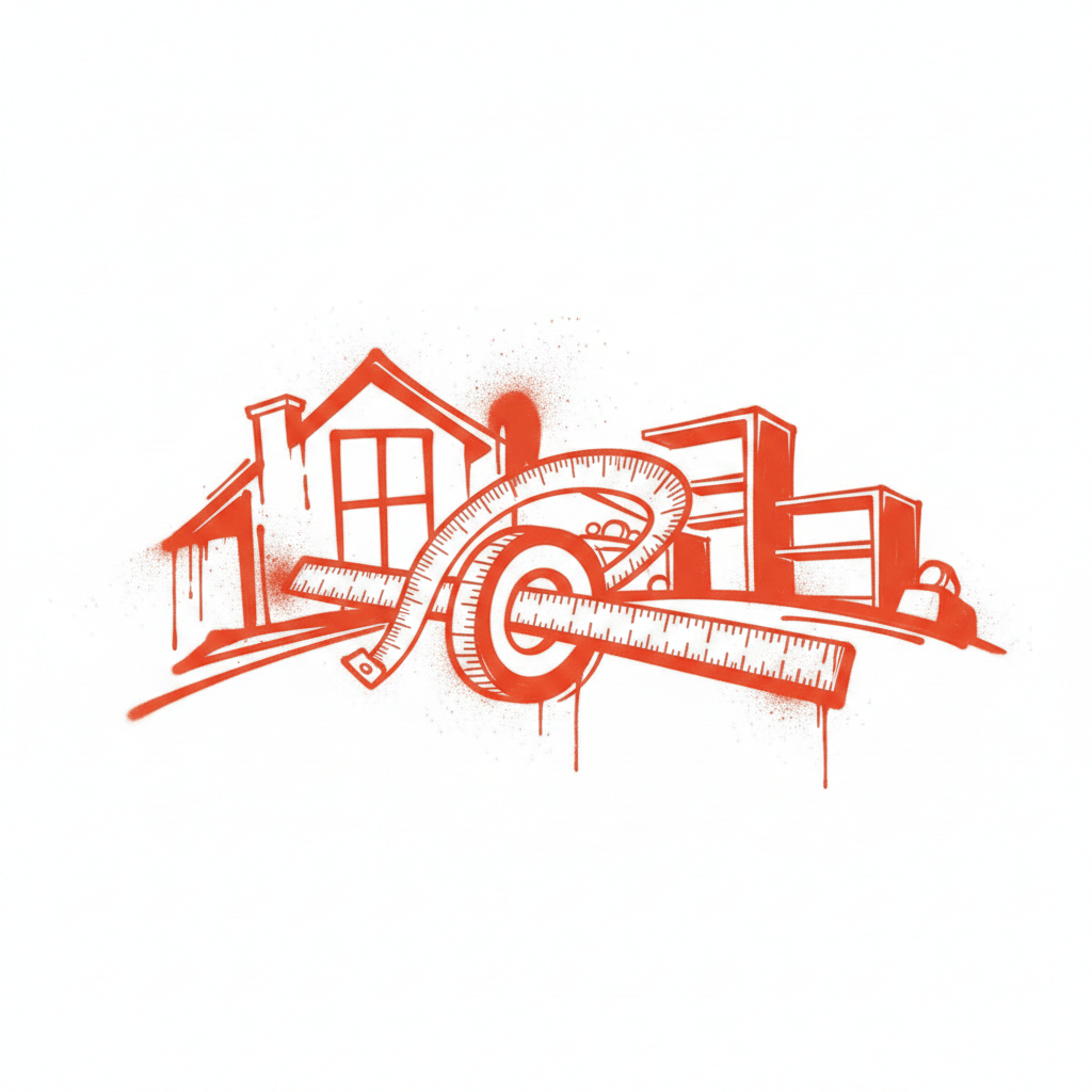 Graffiti-Illustration in rot zeigt Maßband und Möbel-Skizzen zur Verdeutlichung der Vorteile von Maßmöbeln gegenüber Standardware.