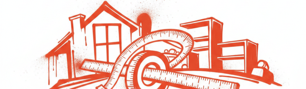 Graffiti-Illustration in rot zeigt Maßband und Möbel-Skizzen zur Verdeutlichung der Vorteile von Maßmöbeln gegenüber Standardware.