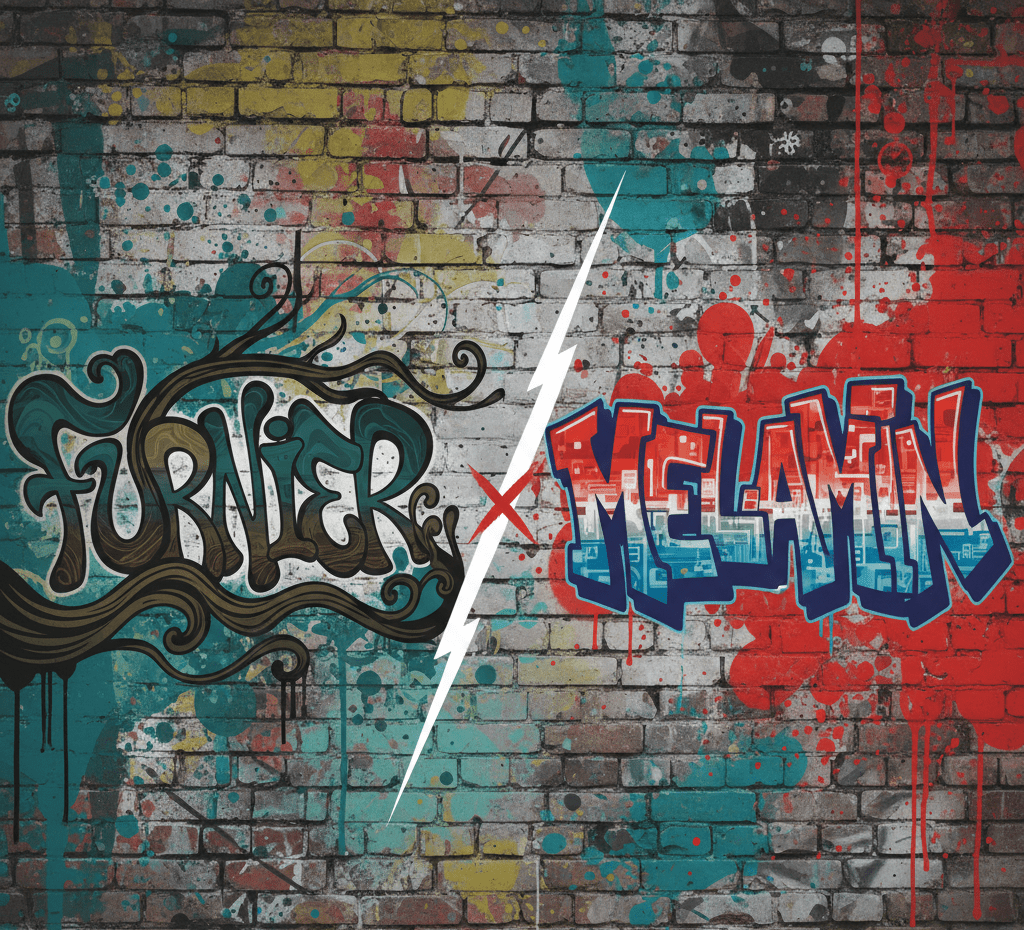 Graffiti-Art-Banner im Vergleichsstil zwischen Echtholzfurnier und Melamin in den Farben Petrol und Rot.