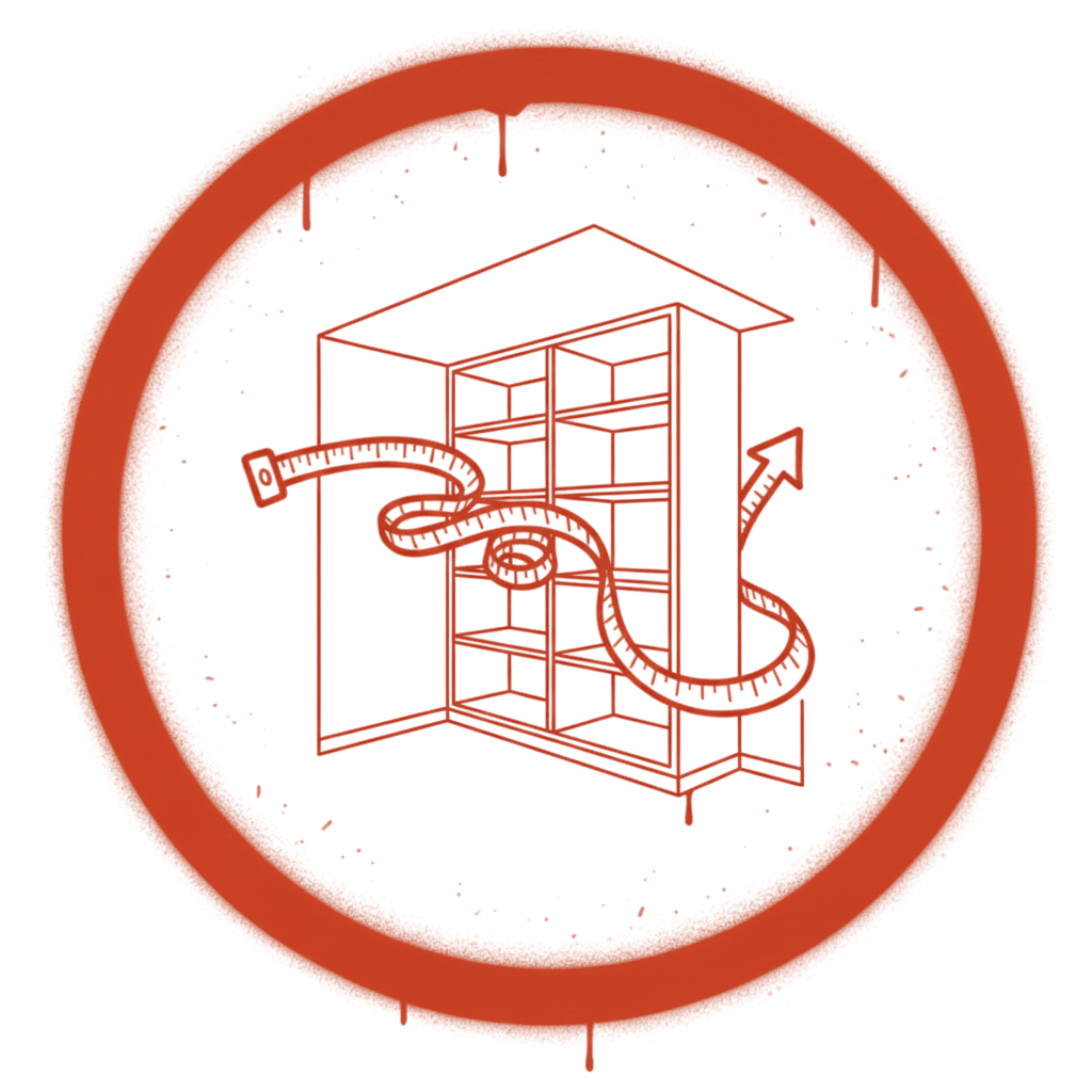 Graffiti-Style Icon in Rot (#f62a00), das die Spezialisierung auf individuelle Möbelplanung und Maßanfertigungen symbolisiert.