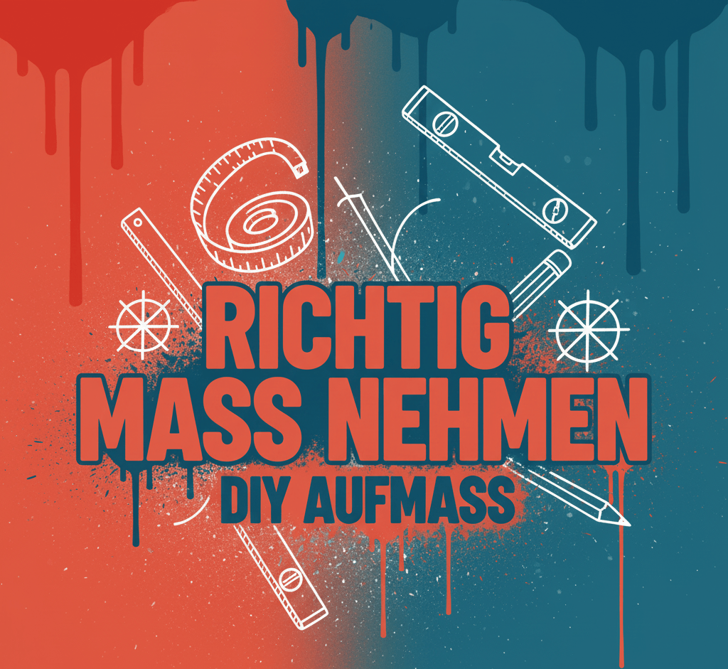 Modernes Graffiti-Banner in Petrol #1e656d und Rot-Orange #f62a00 mit symbolischen Messwerkzeugen wie Maßband und Winkel für die professionelle Möbelplanung.