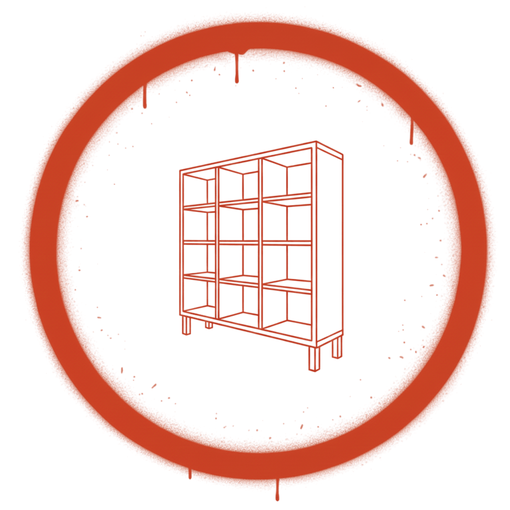Rotes Graffiti-Icon (#f62a00) als Symbol für die Planung standardisierter Möbelformate und modularer Schranksysteme.