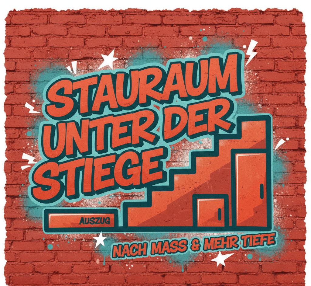 Graffiti-Illustration Stauraum unter der Stiege mit maßgefertigten Auszügen und Schranklösungen von Brani Beer.