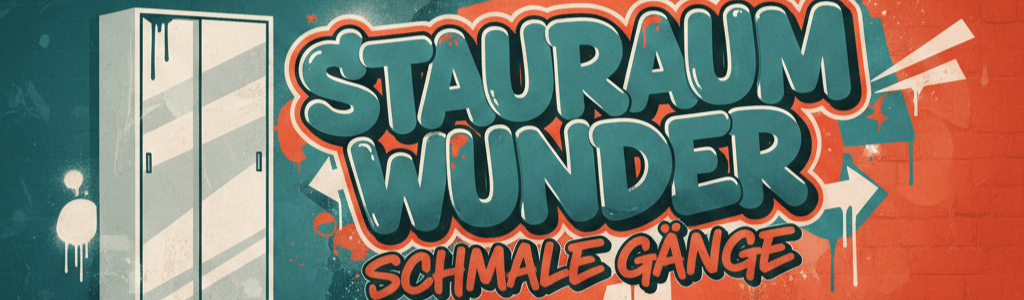 Graffiti-Banner Stauraum-Wunder für schmale Gänge in Orange und Petrol von Möbelplaner Brani Beer.