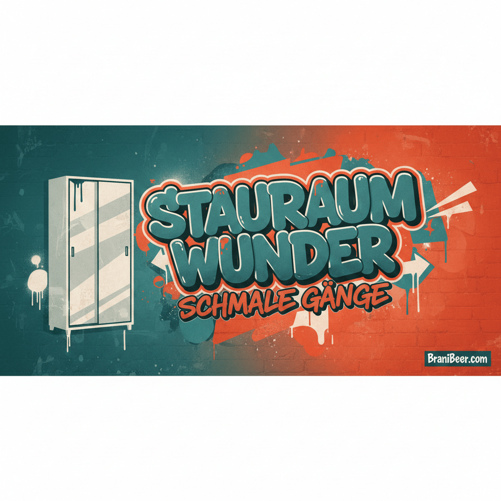 Graffiti-Banner Stauraum-Wunder für schmale Gänge in Orange und Petrol von Möbelplaner Brani Beer.