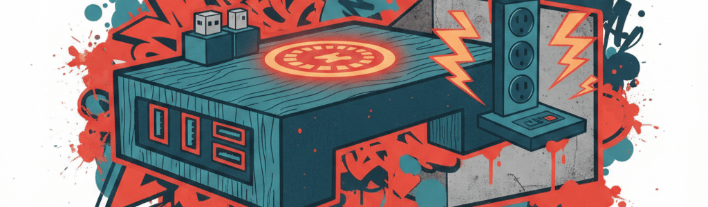 Graffiti-Illustration von integrierter Möbeltechnik mit Wireless Charging Pad, USB-Ports und Steckdosen in den Farben Rot und Petrol.