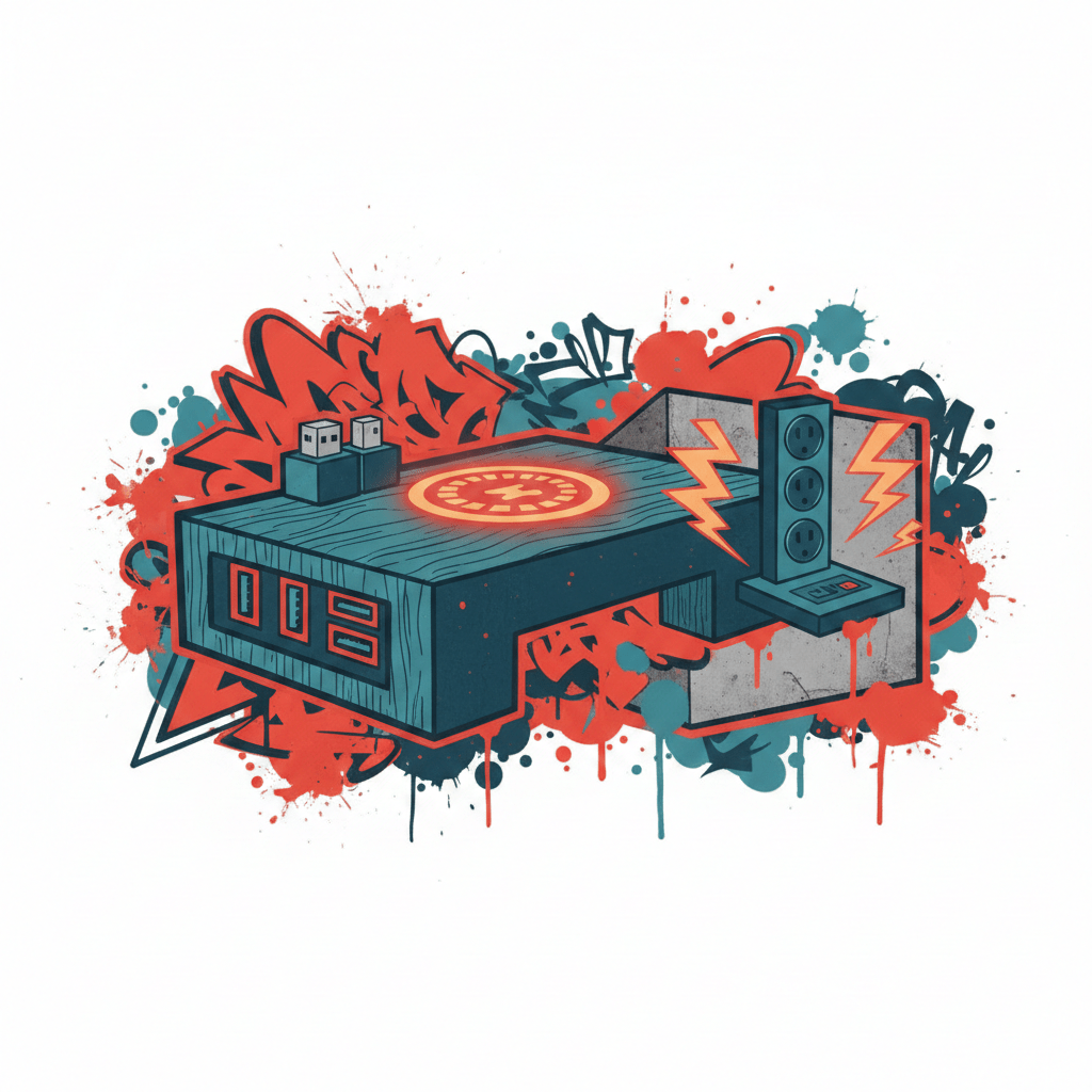 Graffiti-Illustration von integrierter Möbeltechnik mit Wireless Charging Pad, USB-Ports und Steckdosen in den Farben Rot und Petrol.