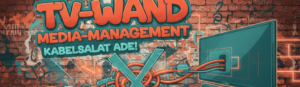 Modernes Graffiti-Banner zum Thema TV-Wand Planung und unsichtbares Kabelmanagement in den Farben Rot und Petrol.