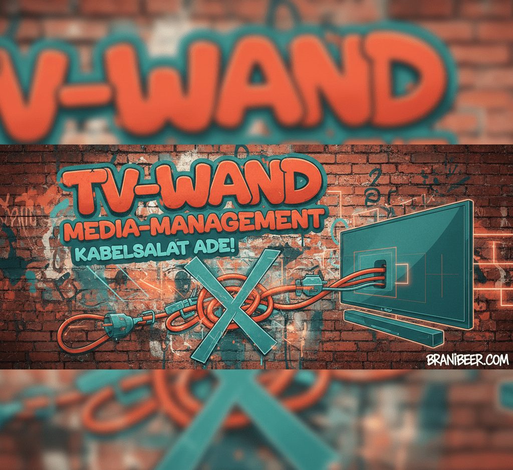 Modernes Graffiti-Banner zum Thema TV-Wand Planung und unsichtbares Kabelmanagement in den Farben Rot und Petrol.