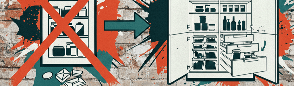 Graffiti-Stil Grafik einer Vorratskammer-Optimierung im Küchenschrank in den Farben Rot und Petrol, zeigt den Vergleich zwischen Chaos und geordneten Innenauszügen.