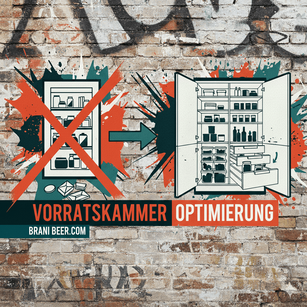 Graffiti-Stil Grafik einer Vorratskammer-Optimierung im Küchenschrank in den Farben Rot und Petrol, zeigt den Vergleich zwischen Chaos und geordneten Innenauszügen.