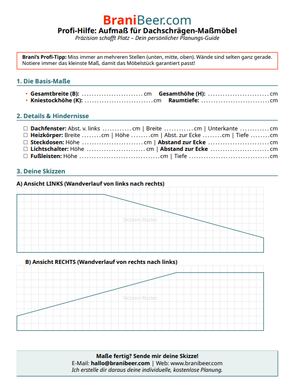 Screenshot einer detaillierten Aufmaßhilfe für Dachschrägen-Möbel mit Checklisten für Maße, Heizkörper-Positionen und zwei vorgedruckten Rastern für Wand-Skizzen im BraniBeer Design.