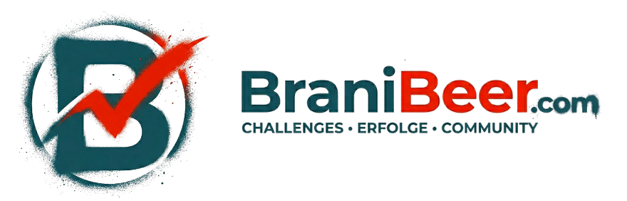 Vollständiges BraniBeer.com Logo im Street Art Stil auf transparentem Hintergrund mit dem Slogan Challenges, Erfolge, Community in Petrol und Rot.
